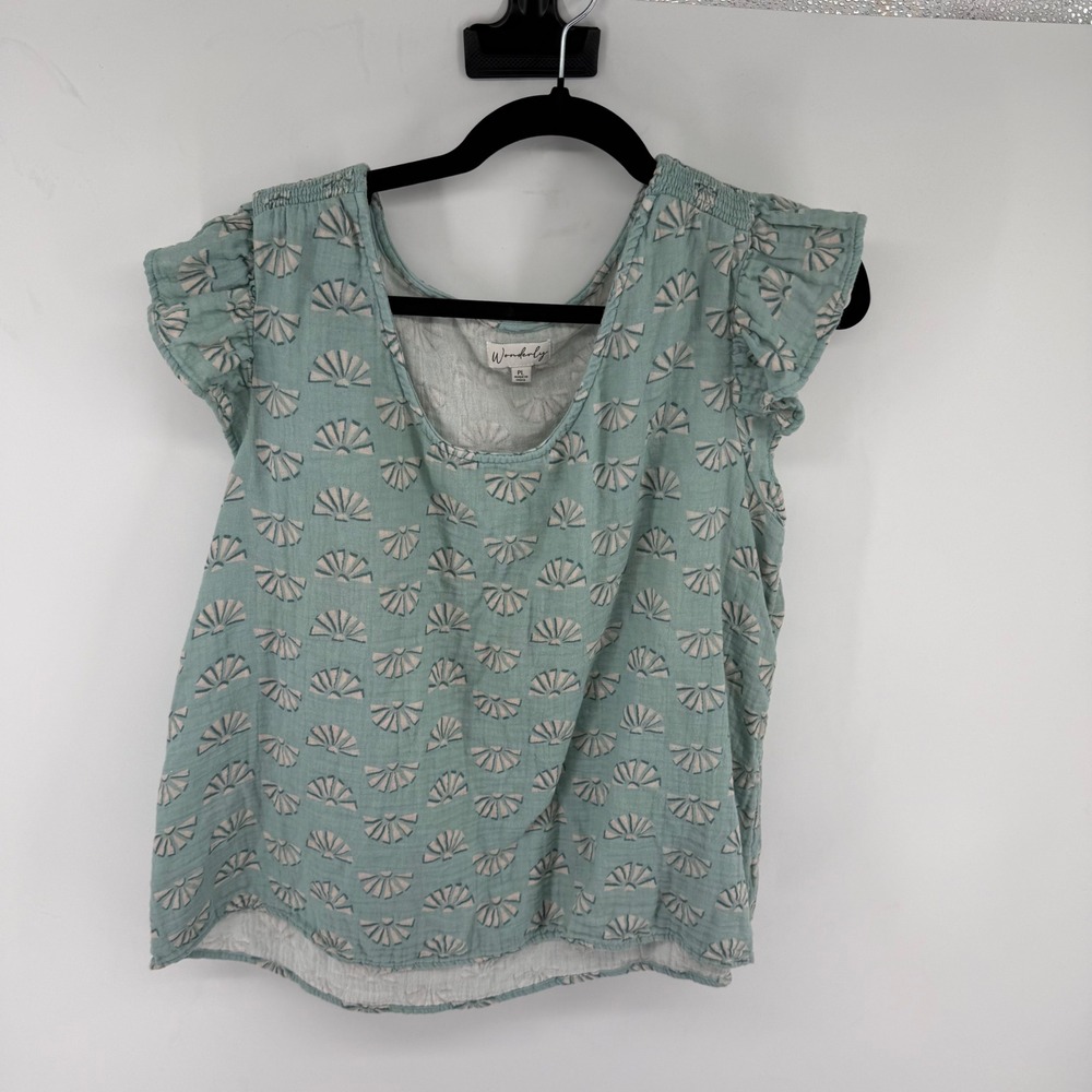 Wonderly Top Womens PL Green Cotton Gauze Flutter Sleeve Shell Print Boho Coast